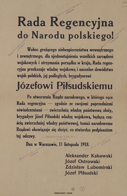 Przekazanie wąłdzy w Polsce Piłsudskiemu 11. XI 1918 r. 