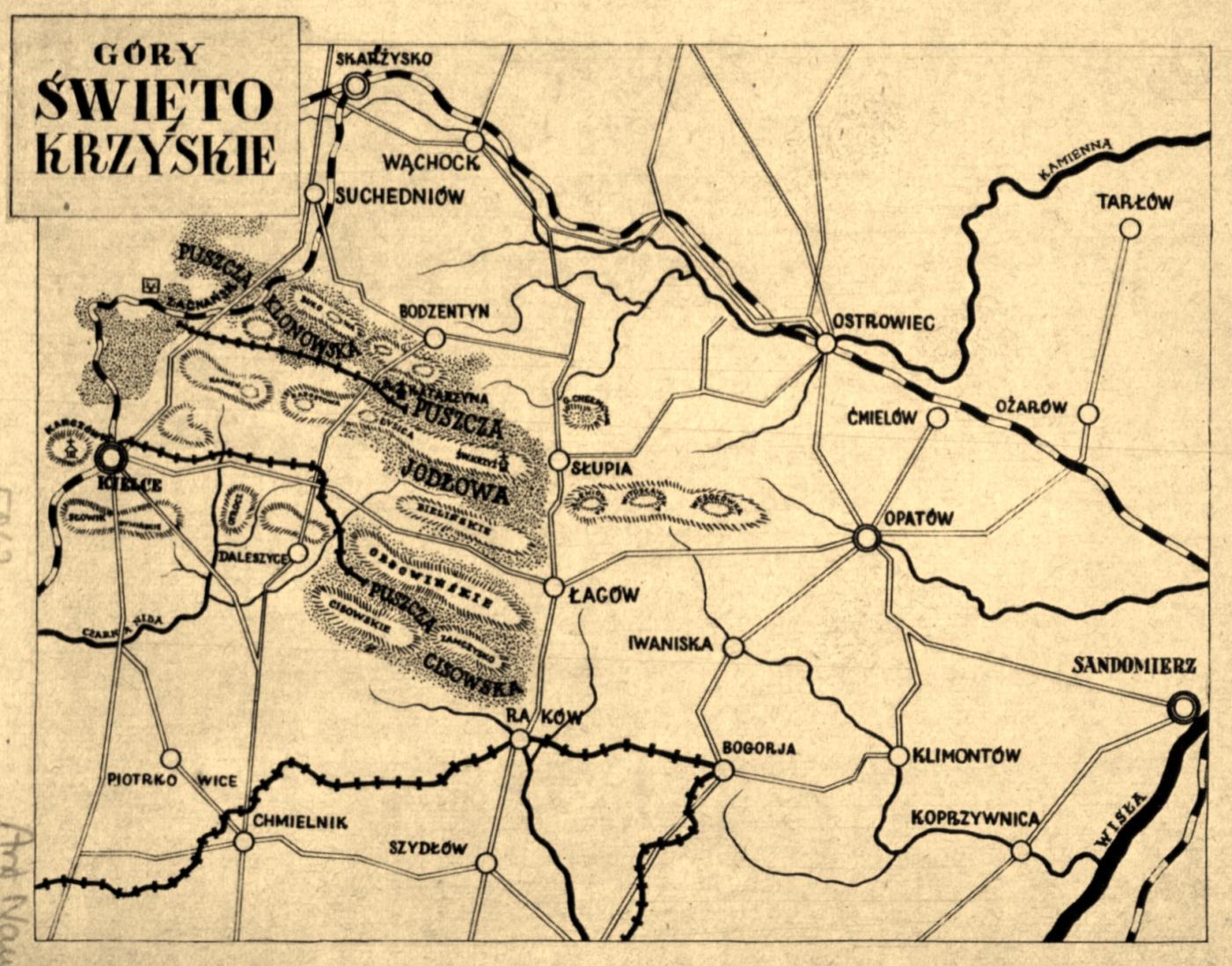 Mapa Gór Świętokrzyskich z przewodnika Al. Patkowskiego z lat 30. XX w. (Polona)
